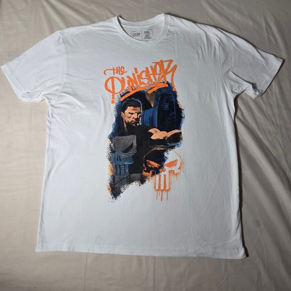 Marvel The Punisher Graphic Tee White XXL Graffiti Style Skull Print